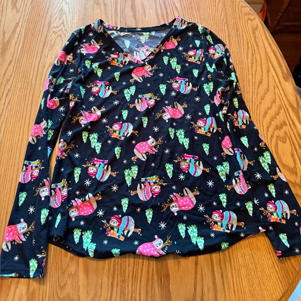 Festive Black Long Sleeve Top with Sloths